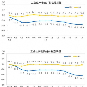 2025年7月份工业生产者出厂指数（PPI）价格同比下降3.6%